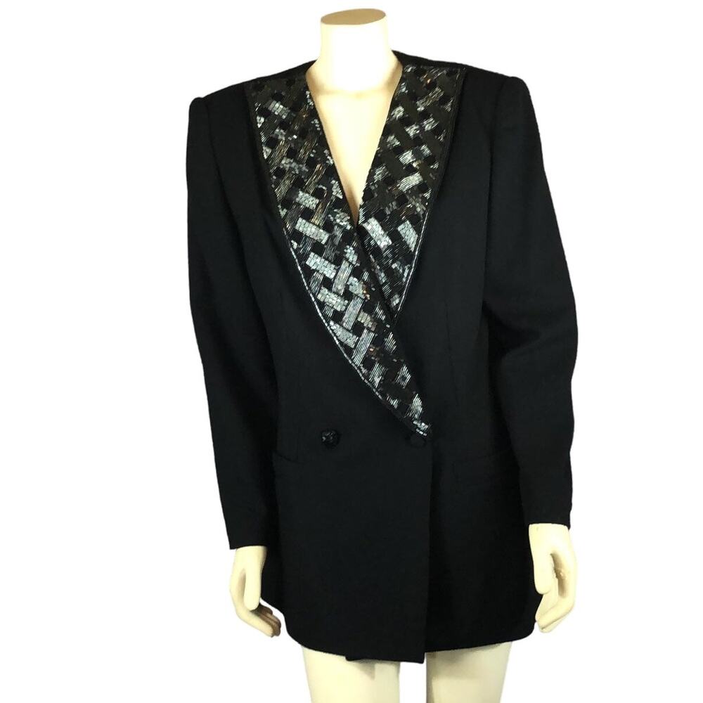 1980s–90s Vintage John Meyer of Norwich Black Beaded Shawl Collar Blazer large - Picture 3 of 13
